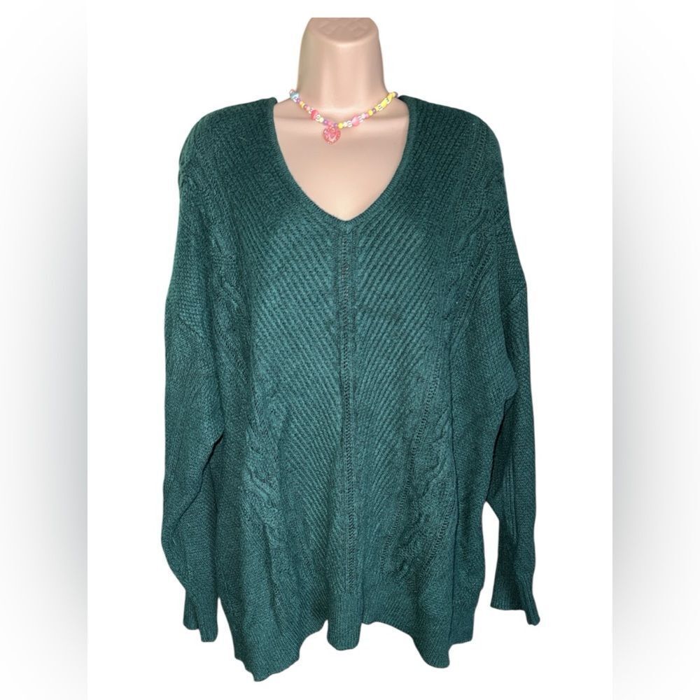 Lane Bryant forest Green Pattern V-Neck Knit Sweater Long Sleeve Soft Comfy